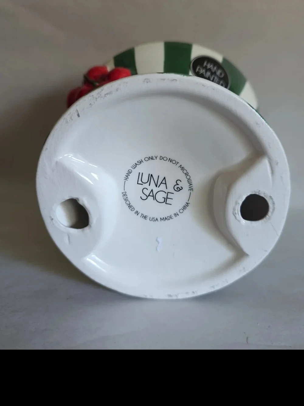 Luna & Sage Ceramic Decorative Piece - Green & White with Red Accent
